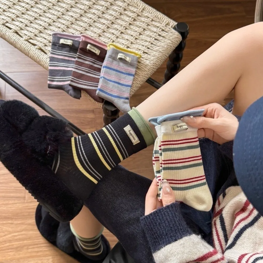 Fake Two-Piece Design Crew Socks Mid-Calf Length Soft Knit Texture Mid-Calf Socks Striped Pattern Stacking Socks Casual Wear