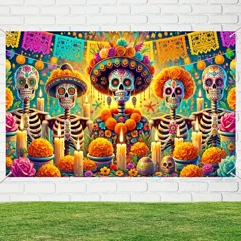 Colorful Skull And Marigold Halloween Day Of The Dead Banner Suitable For Photography Background Cloth Party And Home Decoration