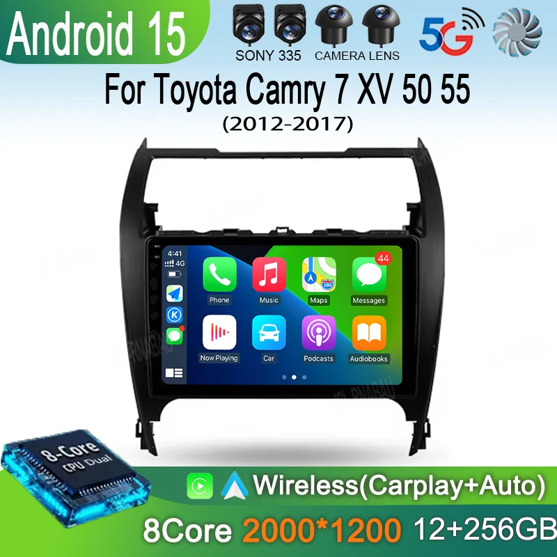 أندرويد 15 Carplay راديو السيارة التلقائي لتويوتا كامري 7 XV 50 55 2012 - 2017 الملاحة لتحديد المواقع مشغل وسائط متعددة فيديو ستيريو WIFI + 4G