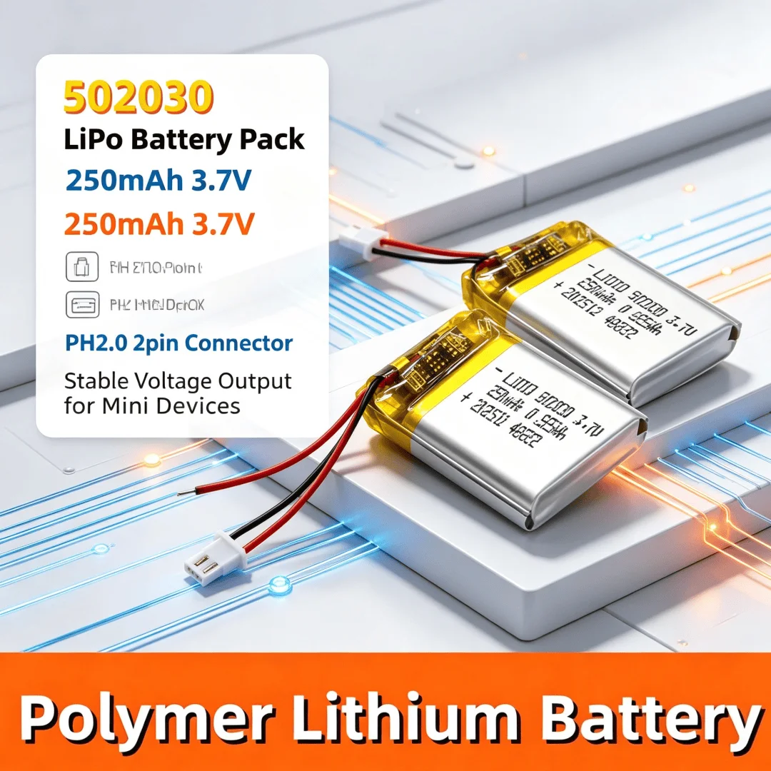 250mAh 502030 Battery 3.7V Lipo Polymer Rechargeable Li-ion Batteries Ph2.0mm for Bluetooth Headset Charging Case Wireless Mouse