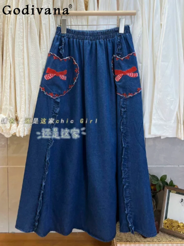 

Spring New Japanese Retro Embroidered Bow College Skirt High Waist Medium and Long Ruffles Denim A-line Loose Sweet Girl Skirts
