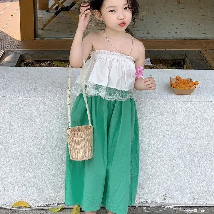 Korean Version of Girls 2026 Summer New Sweet Lace Lace Lace Strapless Top Baby Girl Green Wide Leg Pants