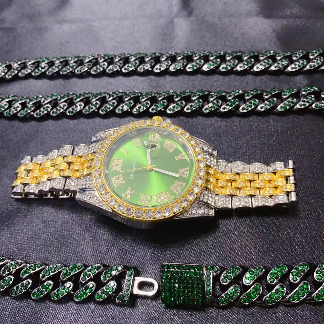 

3PCS Men's Women's Same Hip Hop Calendar Luxury Watch Necklace Bracelet Jewelry Set Bling Bling Green Dial Diamond Cuban Chain