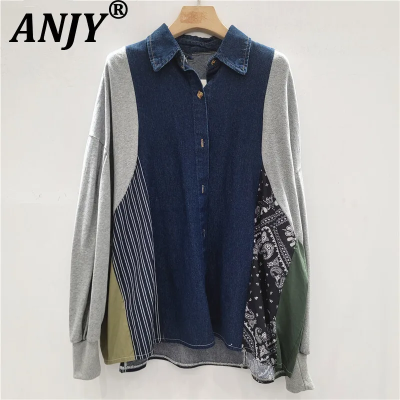 

ANJY Spring Autumn New Women's Denim Shirt Dress Fashion Loose Niche Design Pattern Patchwork Splice Shirts Color Contrast A8144