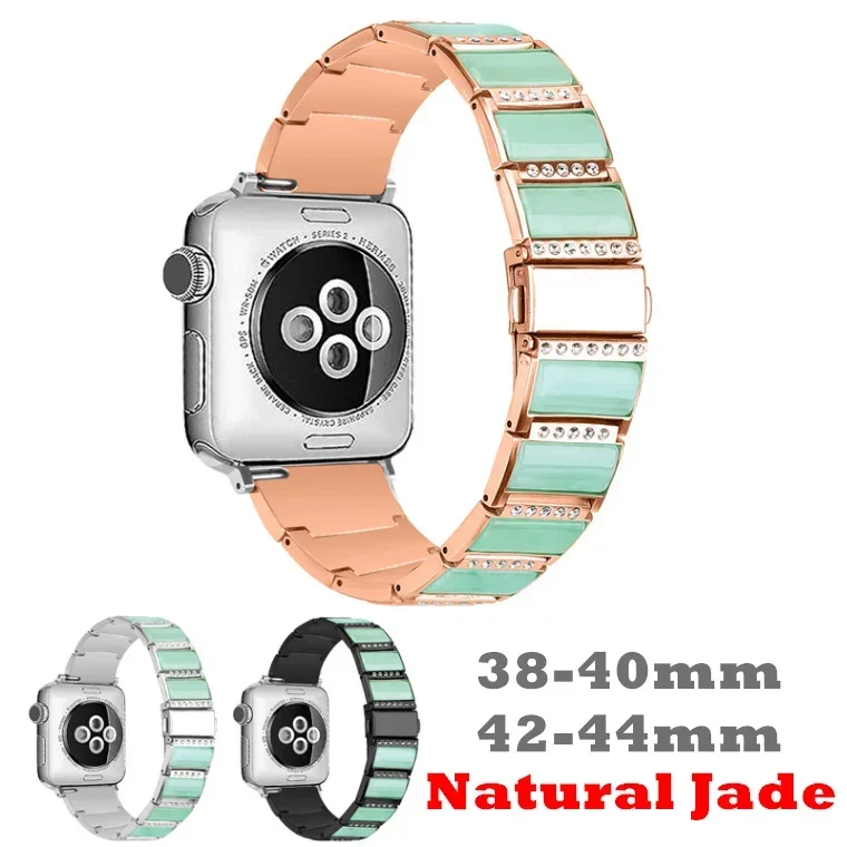 

FF-89bd Natural Jade Watchband for apple watch SE/6/5/4/3/2/1 A Class Jadeite jades stainless steel straps for apple watch