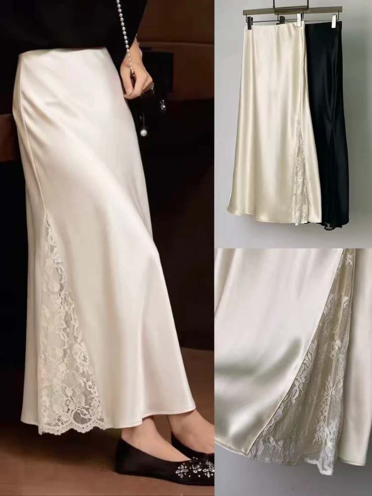Women's t Satin Midi Skirt Glossy Silky SKirt With Lace Split Side
