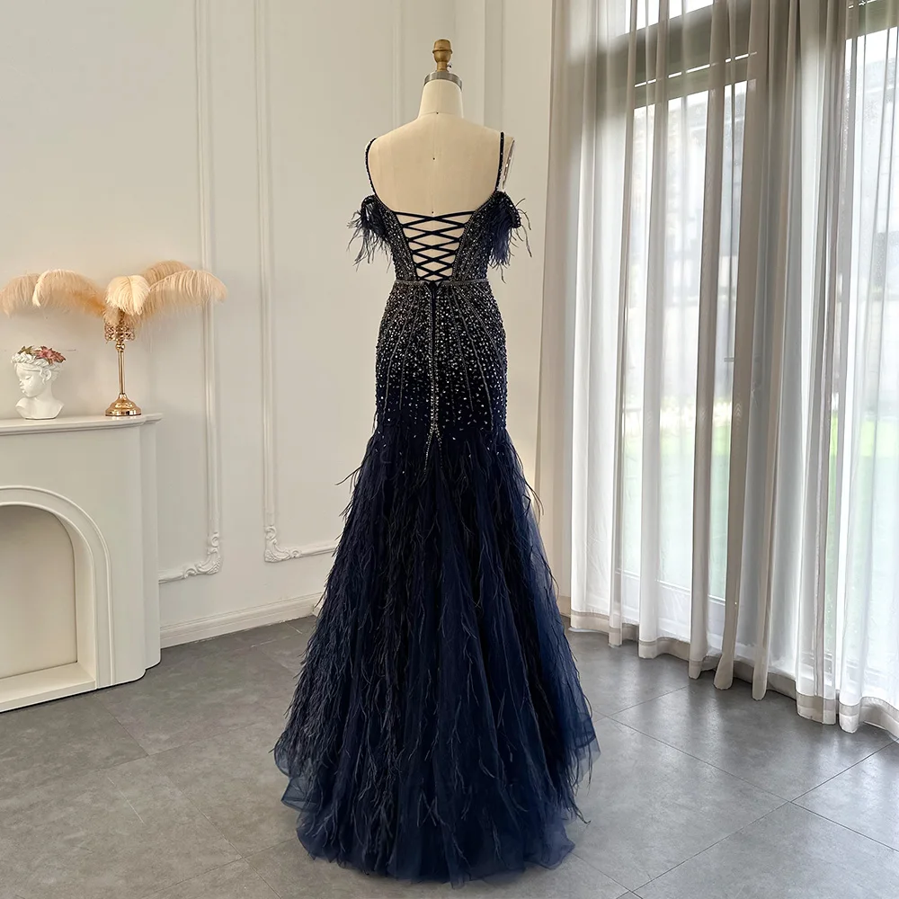 Sharon Said Luxury Feather White Nude Prom Evening Dress Mermaid Navy Blue Wedding Formal Party Gown SS121 Customized