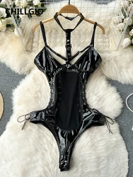 CHILLGIO Women PU Mesh Sexy Bodysuits Fashion Faux Leather Tight Combination Rompers Erotic Lingerie One Piece Strappy Catsuits