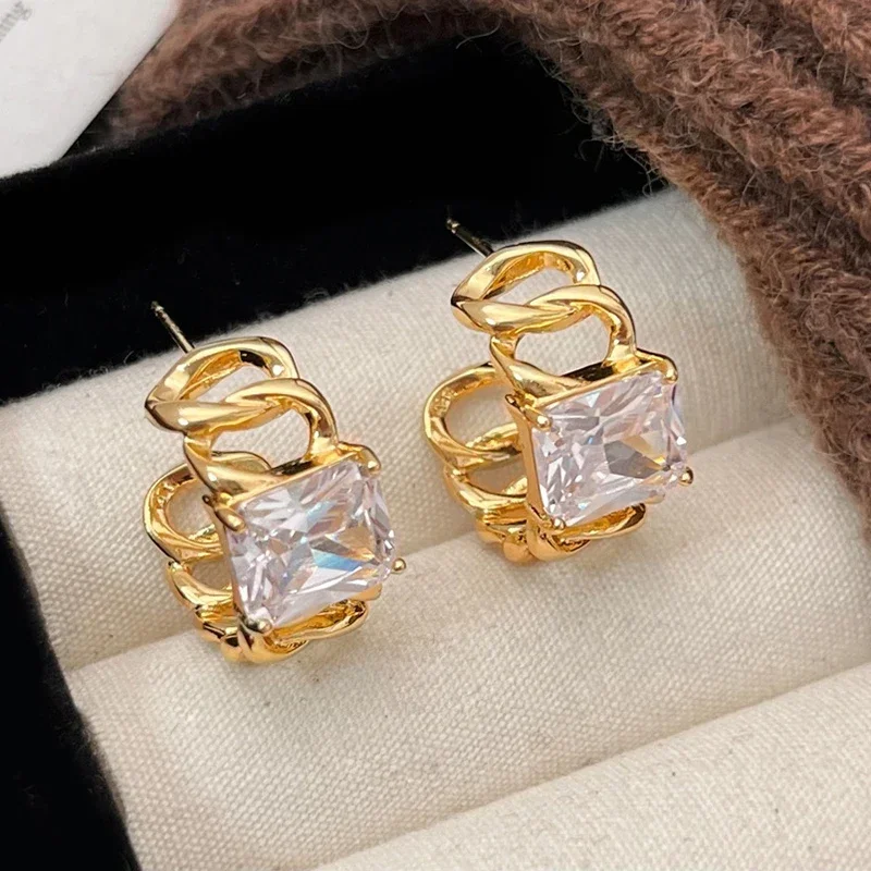 Geometric Charming Fried Dough Twists Edge Square Zircon Earrings for Women Distorted Trendy Fine Jewelry Minimalist Accessories