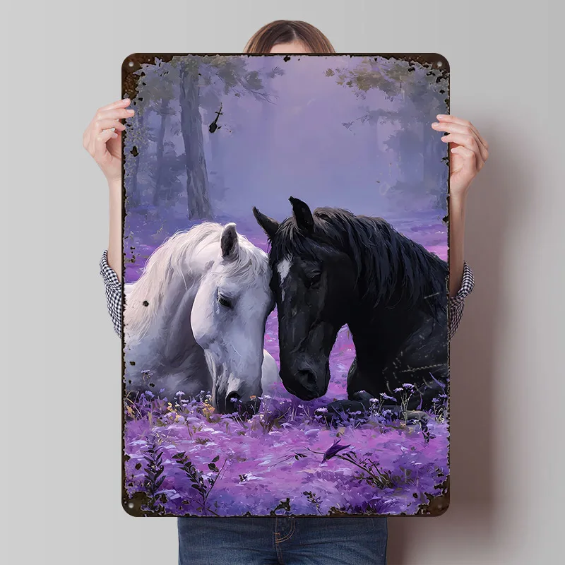 Two Horses in a Purple Field Printing Poster Customized Retro Wall Art Vintage Metal Signs for Room Decorations Man Cave Decor