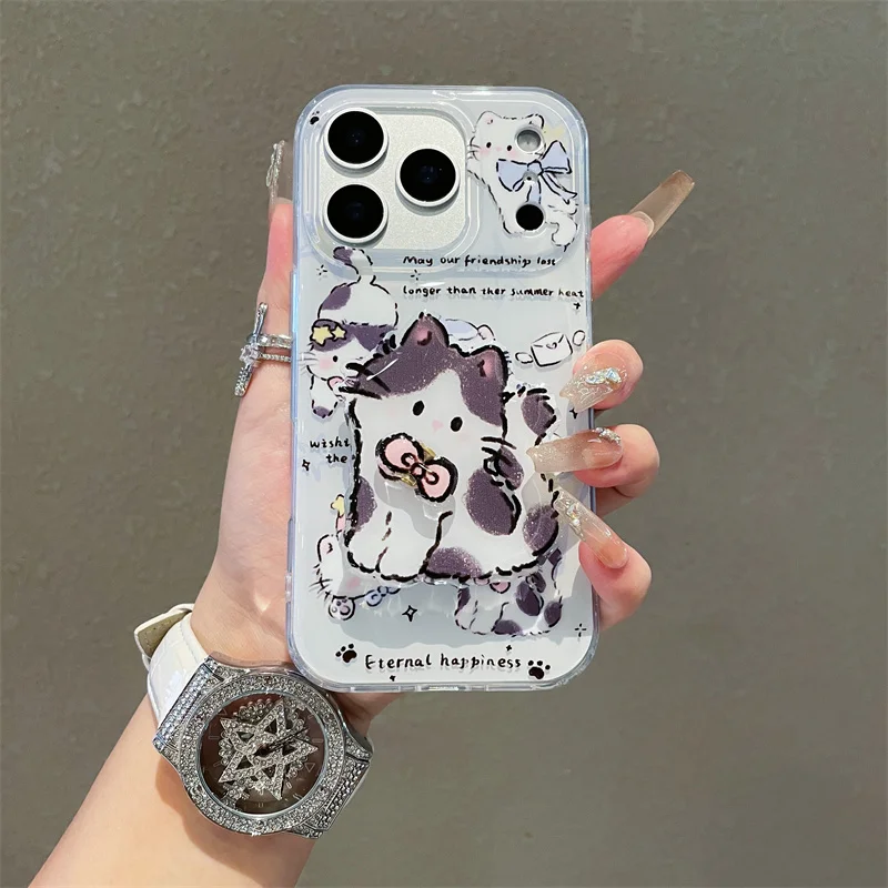 

Korean Cute Cartoon Cat Phone Case For iPhone 17 Pro 16 15 14 Pro Max Cover with Stand Shockproof Protective Cases For Girls