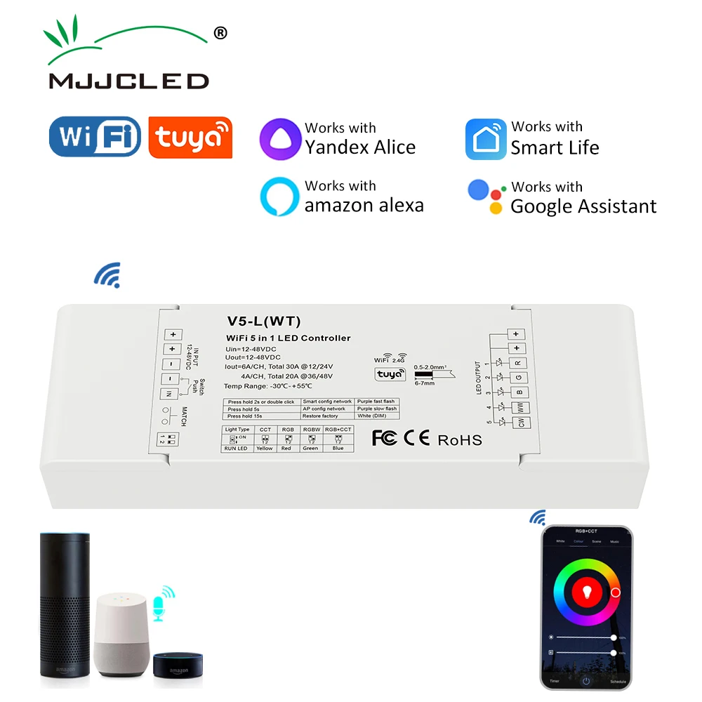 Controlador LED Tuya Wifi RGB CCT RGBWW RGBCCT 5 en 1 tira de luz LED atenuador aplicación Smart Life controlador de voz 12V 24V 36V 48V 30A