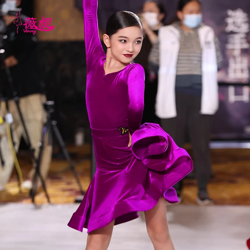 

Vennystyle Latin Dance Dress for Girls, Official Standard Velvet Ballroom Competition Costume, Elegant Sleeveless Design