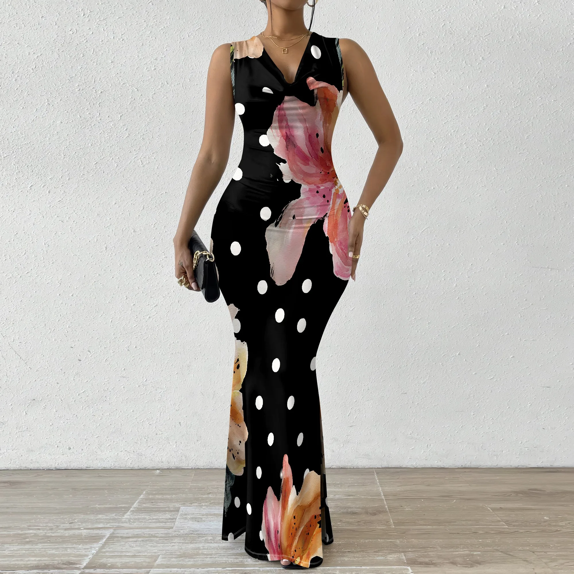 

Elegant Women's V-Neck Sleeveless Maxi Dress Polka Dot Floral Print Formal Party Gown XS-2XL