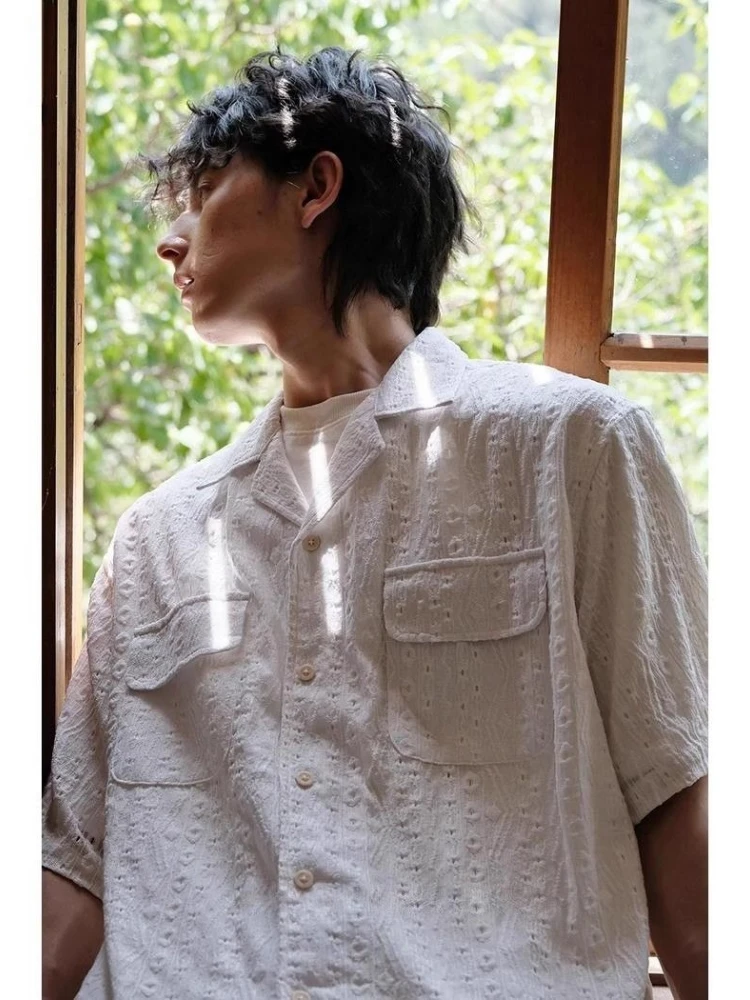 

Unisex Summer Oversize Short Sleeve Shirt Jacket Men American Retro Hollow Out Sunscreen Unique Casual with Chest Pockets