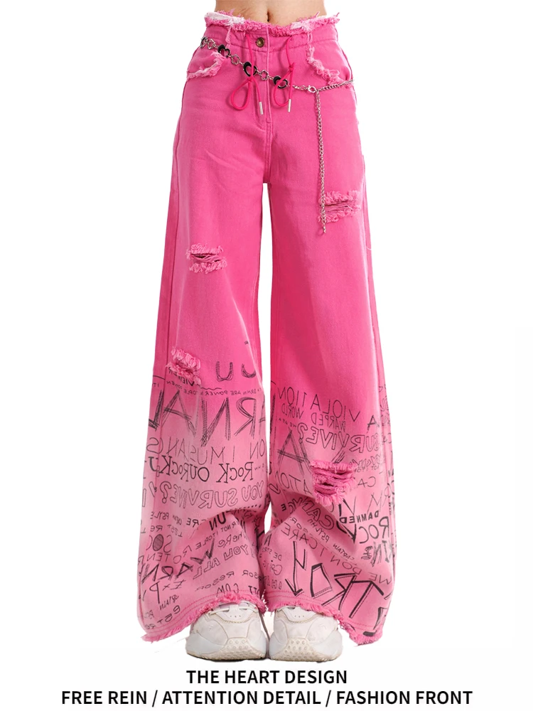 

Джинсы Dopne fiti с дырками, женские летние американские ретро свободные прямые брюки длиной до пола с высокой талией