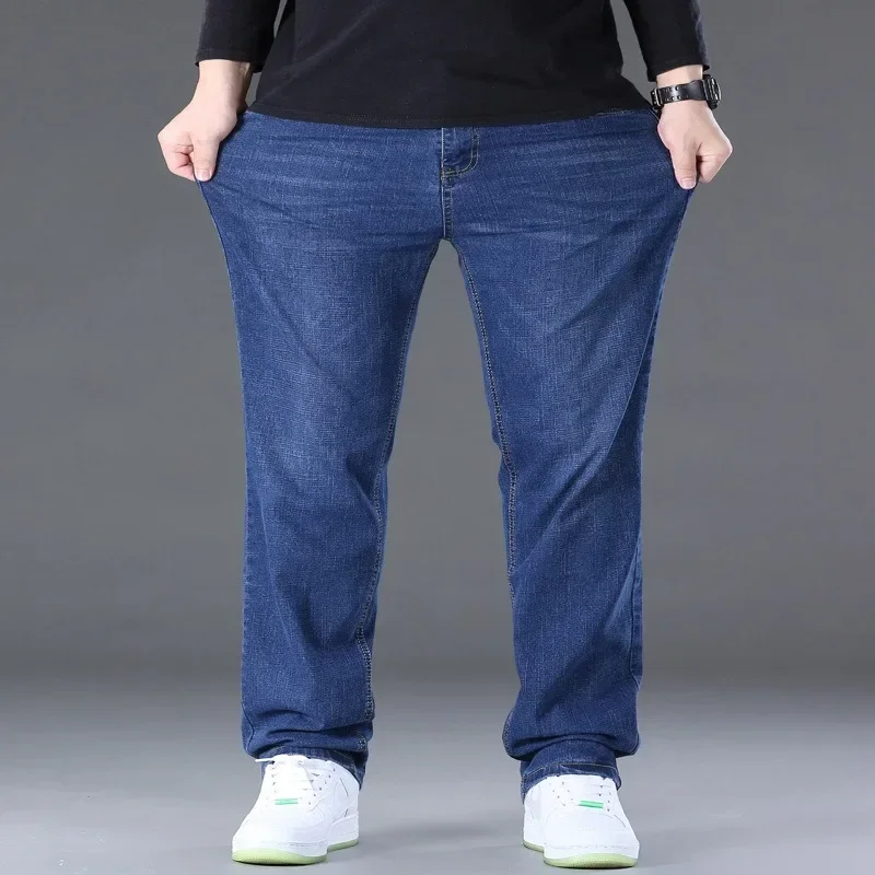 Calça reta solta elástica clássica masculina, calça jeans esticada, perna larga, grande calça de trabalho, plus size, 150kg, 50, 48, 46, primavera, outono