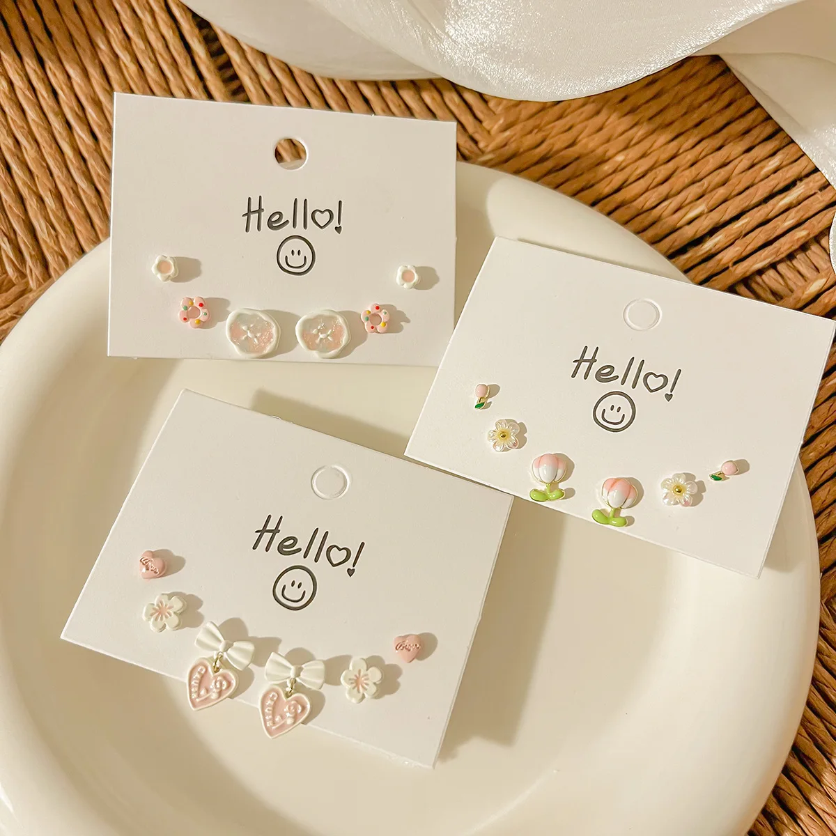 

3 Pairs S925 Silver Needle Zinc Alloy Earrings Set Pink Flower Bow Heart Shape Cute Fresh Earrings For Women Jewelry Gifts
