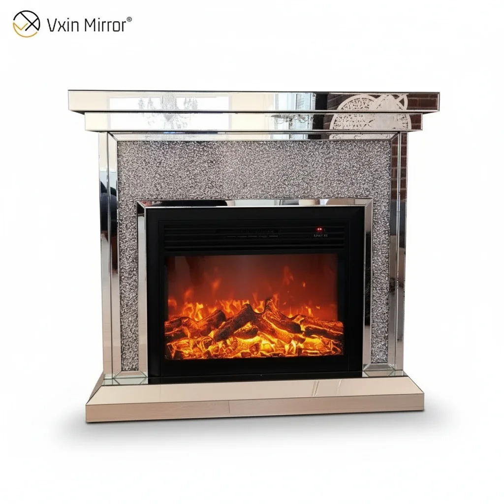 

Electric Fireplace Cabinet Mantel, LED Diamond Crush 4mm Silver Mirror, Decorative Heater, 122x38x90cm, for Living Room