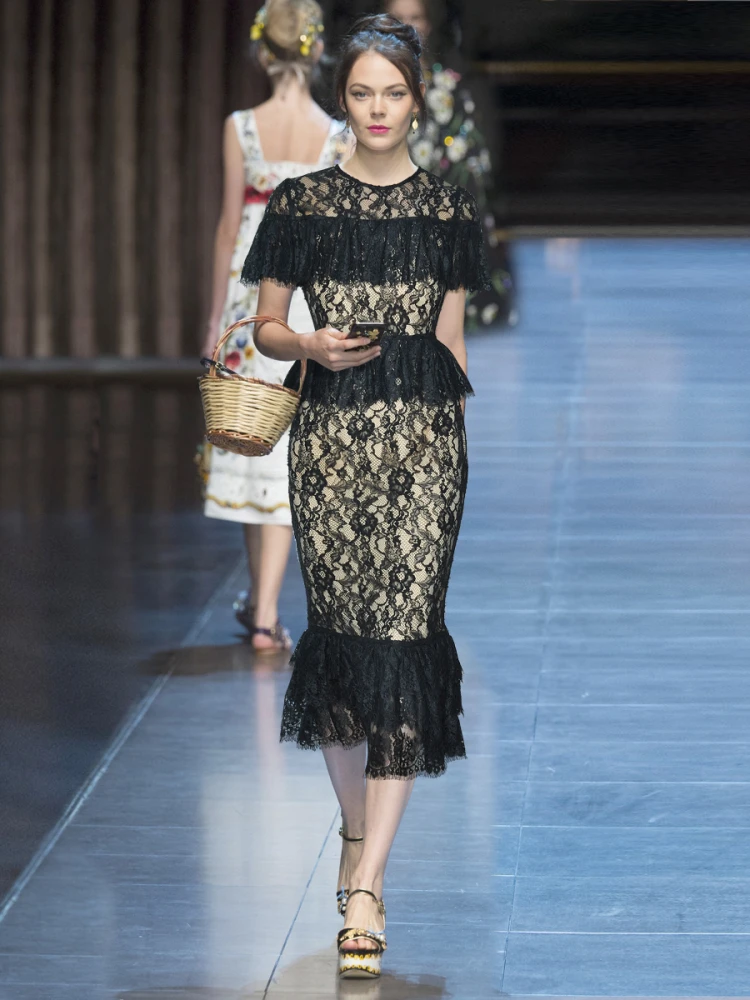 

Женское кружевное платье русалки, лето 2022, дышащее, с рюшами и воланами, с разрезом по краям, женские длинные черные платья «рыбий хвост»