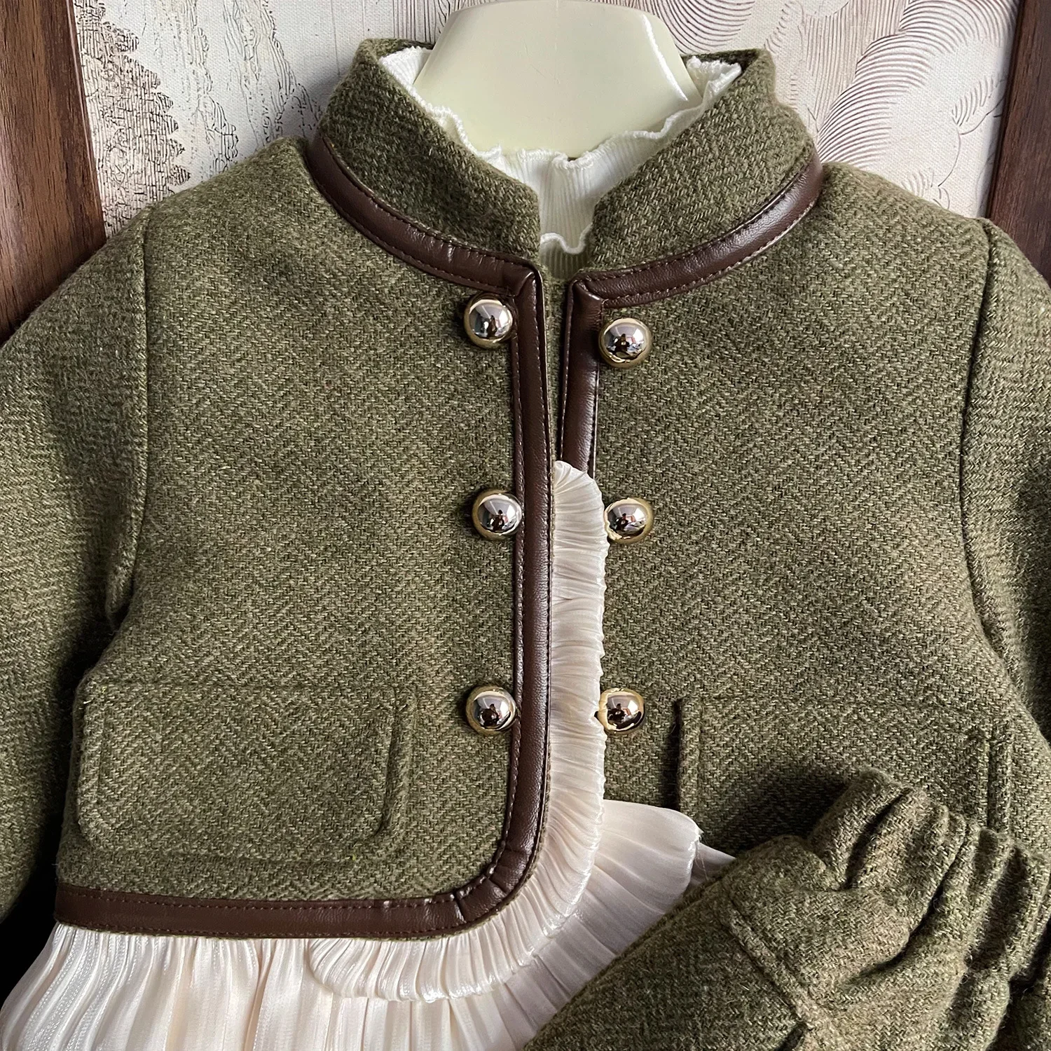 Childrens Sets Winter Season New Korean Simple Girls Green Baby Two Piece Loose Flower Edge Skirt Open Stitch Cotton