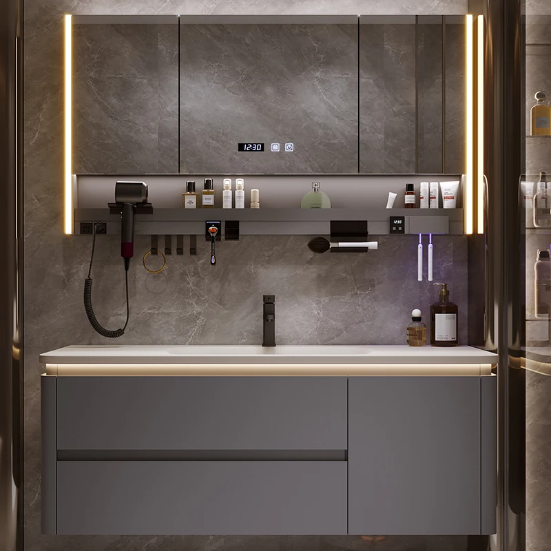 

Luxury Classic Bathroom Cabinet European Gray Narrow Sink Bathroom Cabinet Storage Mirror Smart Meuble Salle De Bain Furniture