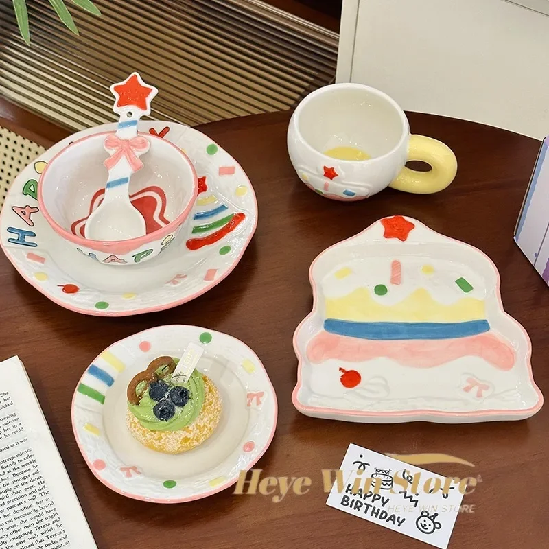 

Cute Girl Heart Birthday Cake Rice Bowl and Dish Set, Home Glazed Ceramic Dessert Bowl and Dish Set