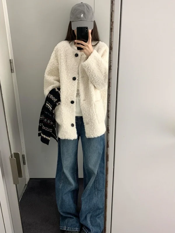 

Thiened уникальный красивый женский белый свитер с мехом ягненка, осенний топ, теплый свободный крой, длинное пальто све