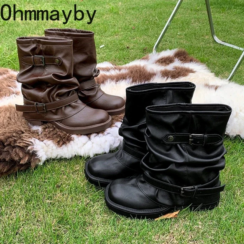 Autumn Women Slouch Mid Calf Cowboy Boots Double Metal Buckle Straps Leather Block Heel Shoes Motorcycle Short Boots