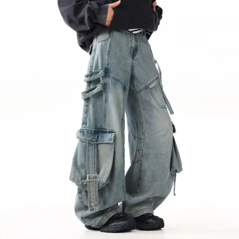 Retro American Sle Men's Denim Jeans 2026 Spring with Saes Worn-look Loose Wide Leg Casual Trousers Multi-poket Workwear
