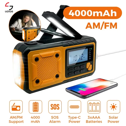 LOTOTG-Radio portátil de energía Solar de emergencia, manivela de carga AM/FM, Radio meteorológica, linterna de lectura Led, cargador de teléfono bancario