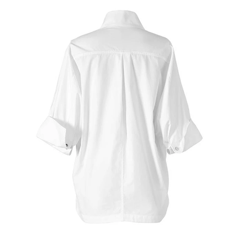 Camisa informal de algodón para mujer, blusa holgada de manga tres cuartos con cuello alto, color blanco, nueva moda de otoño, 2022