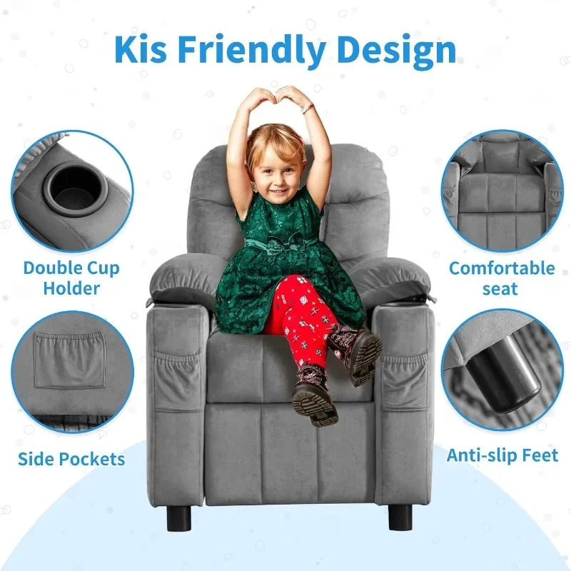 Cadeira reclinável para crianças, ergonômica, ajustável, apoio para os pés e bolsos laterais, sofá de bebê para meninos e meninas, quarto (cinza)