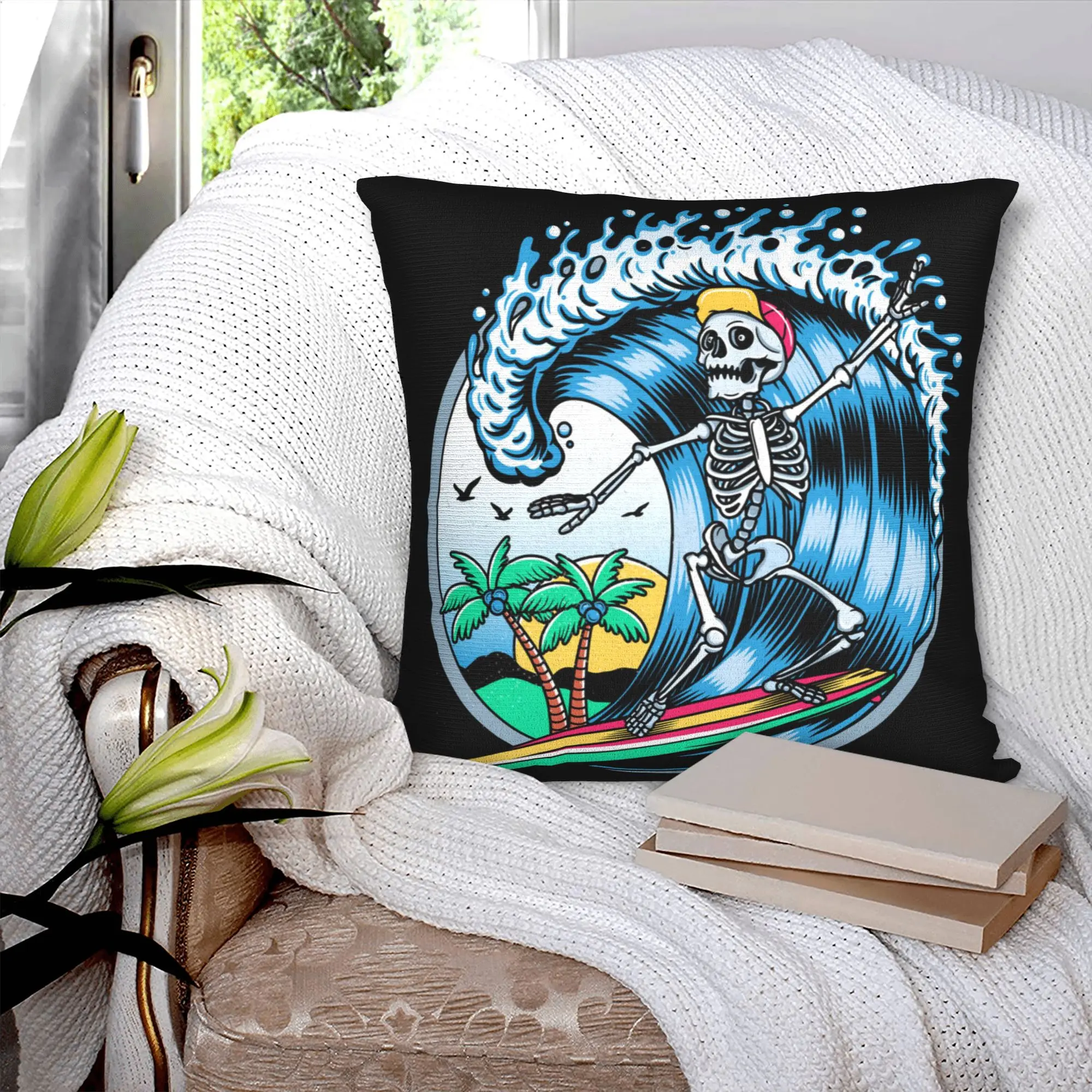 Summer Surf Rider Skull Surfing Pillow Case 45x45cm Home Decorative Nordic  Chair Cushion Square Pillowcase