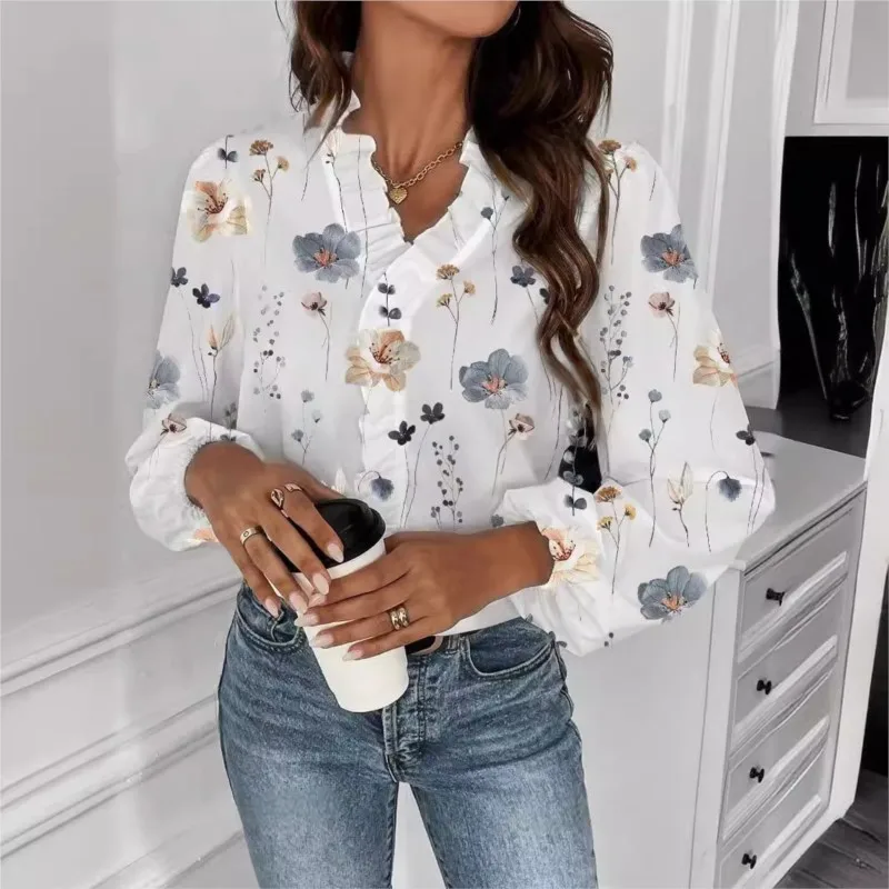 

New Women's Solid V Neck Long Sleeve Shirts Ruffles Spliced Blouses Casual Pullover Loose Flower print Basics Blouse Female 2024