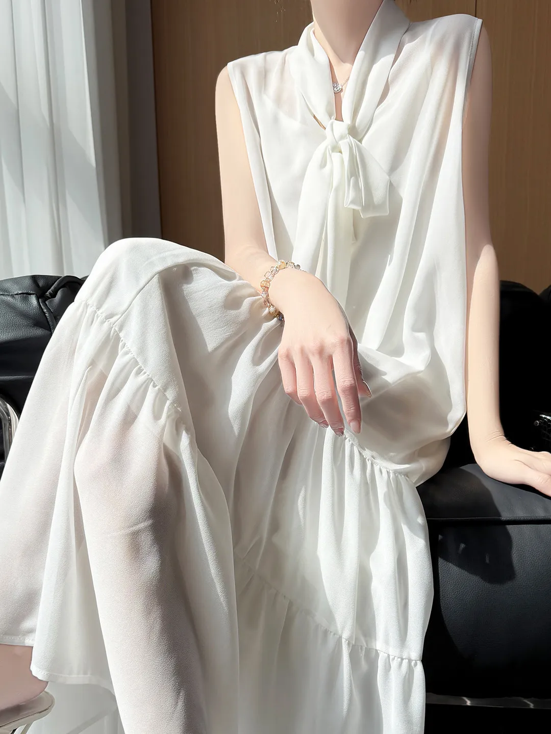 

Elegant White Knot Tie Waist Sleeveless Long Dress Women's Gossamer Chiffon A-Line Skirt Casual High Waist Spring D...