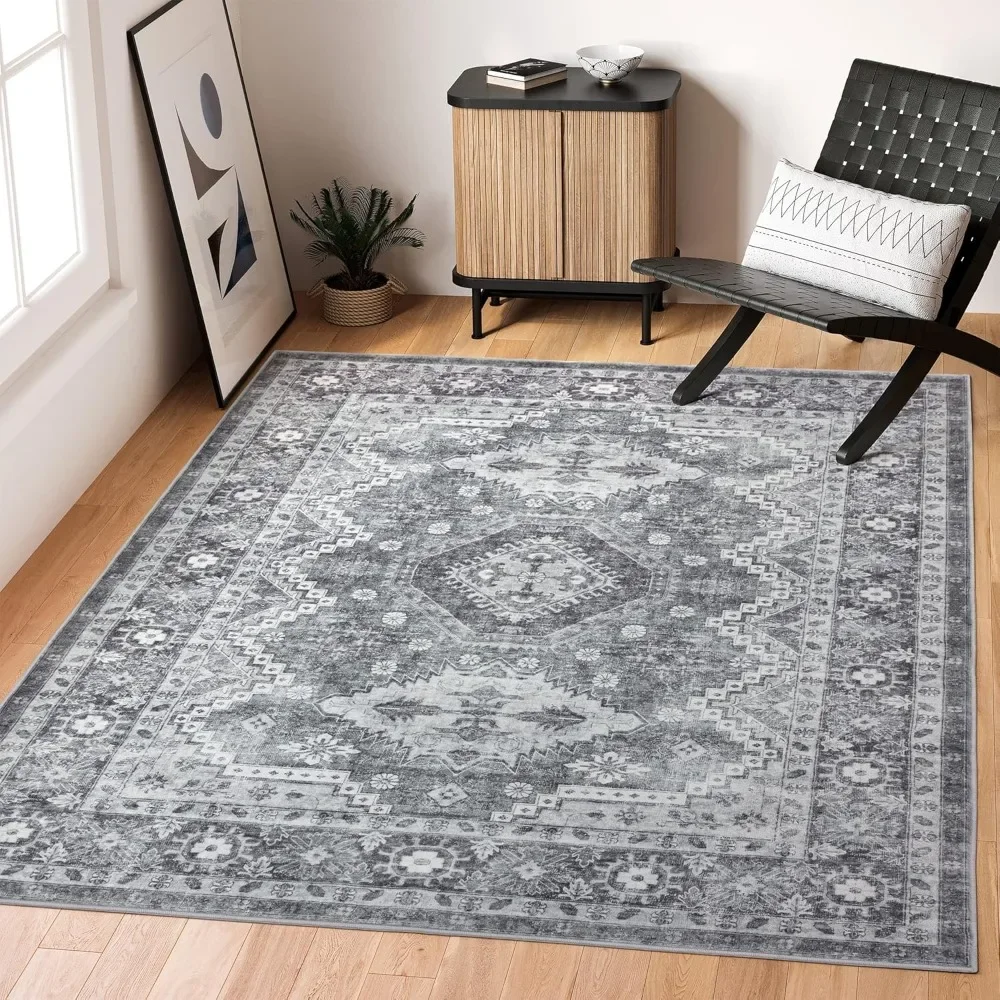 

5x7 Area Rugs - Stain Resistant Washable Rug, Anti Slip Rugs for Living Room, Vintage Tribal Area Rugs(TPR07-Grey, 5'x7'