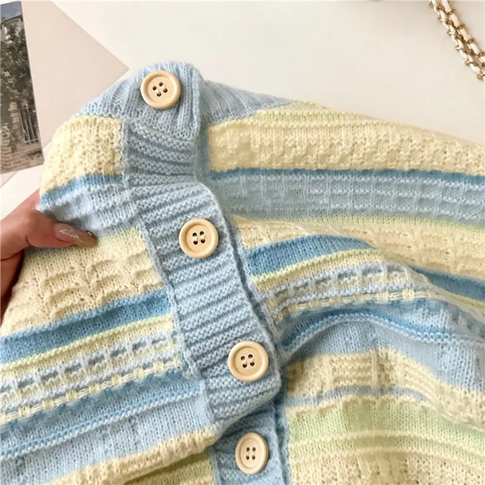 春長袖ストライプクロシェセータールーズ韓国風スイートニットウェア秋春レディーストップカーディガン女性Y2Kストリートウェア