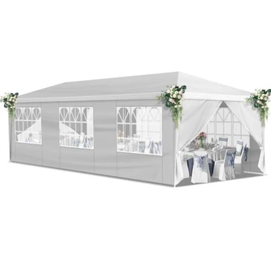 Outdoor party tent canopy for weddings, camping, backyard use; heavy duty PE material, white color; waterproof, UV resistant, 8