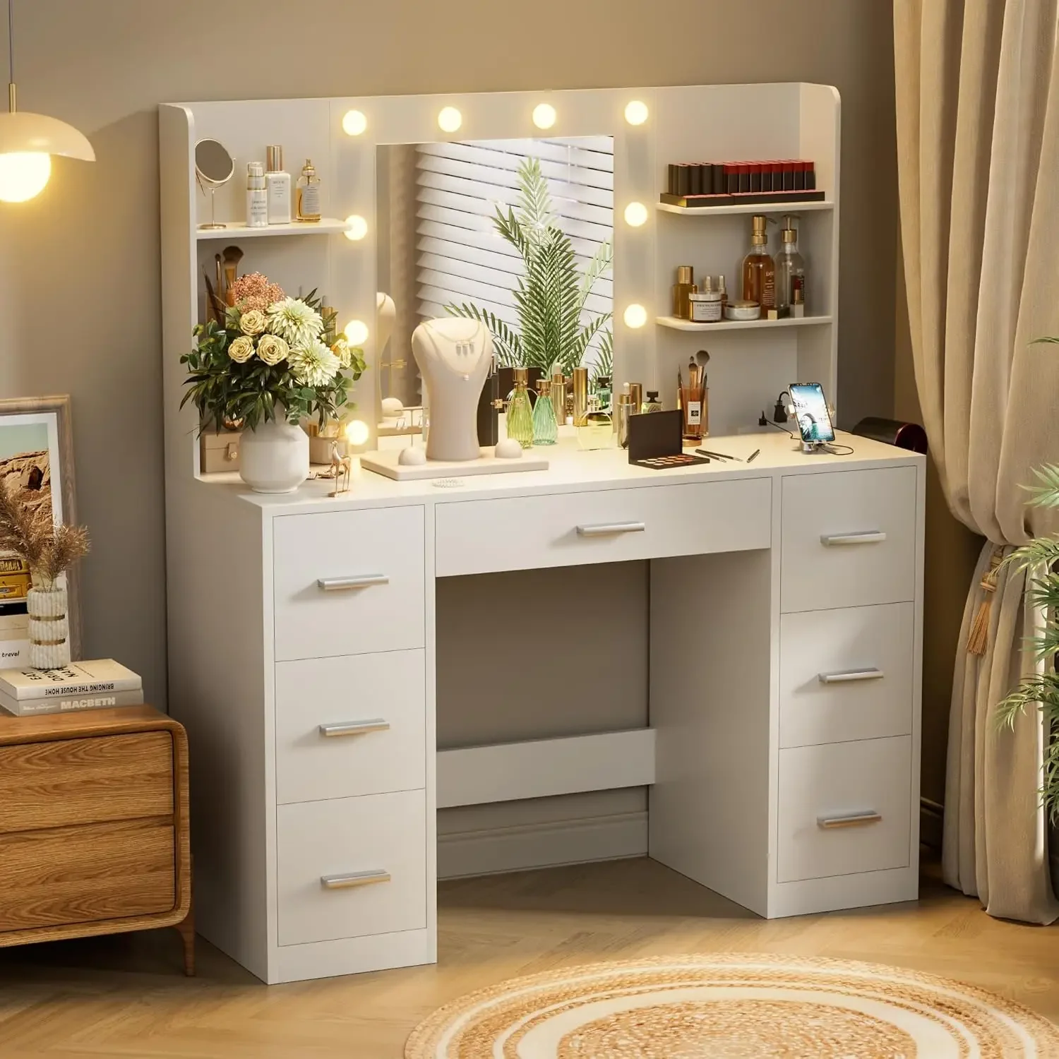 Vanity Desk with LED Lighted Mirror Power Outlet 3 Model Lights Makeup Vanity Table with 7 Drawers and 6 Storage Shelves