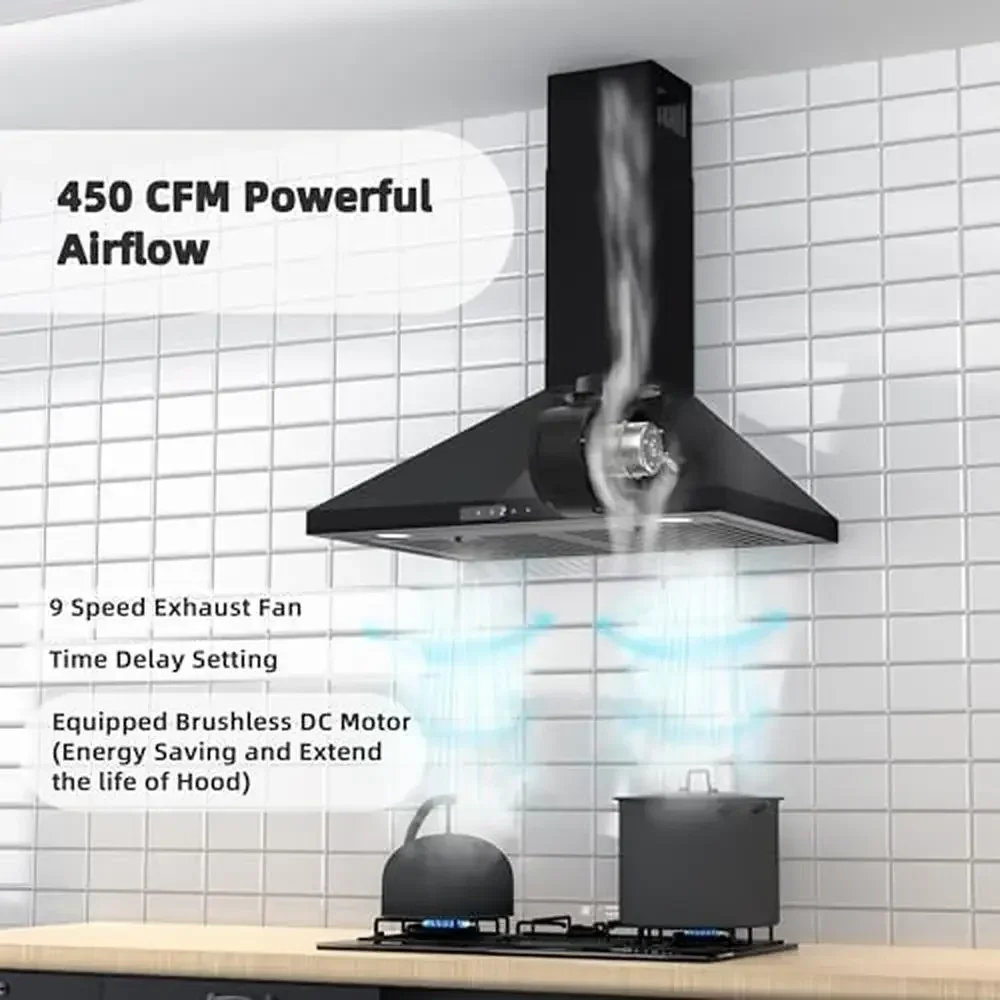 30" Black Convertible Wall Mount Range Hood Brushless Motor 450 CFM 9 Speed Fan Soft Touch Controls Ductless Option Energy