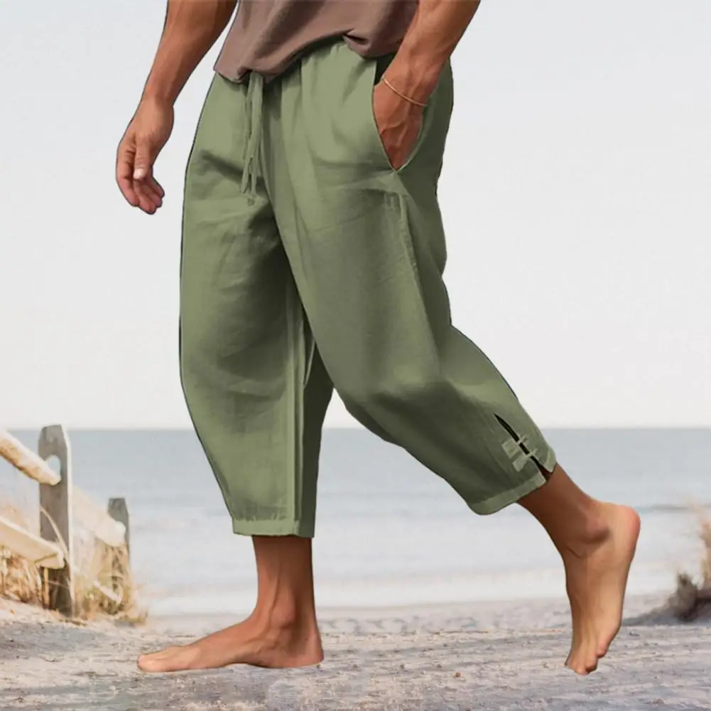 

Drawstring Linen Pants Button Knot Decoration Trousers Men's Drawstring Cropped Pants with Elastic Waist Deep Crotch for Summer