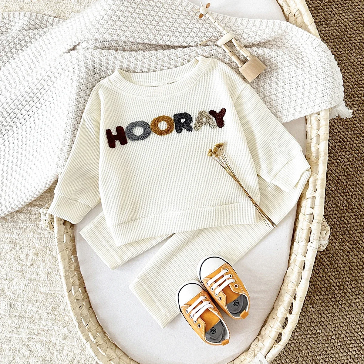 Baby 2Pcs Outfit Spring Waffle Knit Letter Applique Long Sleeve Top + Solid Pants Unisex Toddler Casual Clothes Set