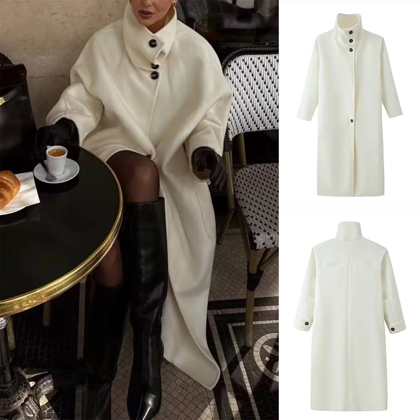 Mat-abrigo de invierno para mujer, abrigo holgado con cuello de chimenea, largo, con un solo botón, prendas de vestir exteriores de lana de longitud media