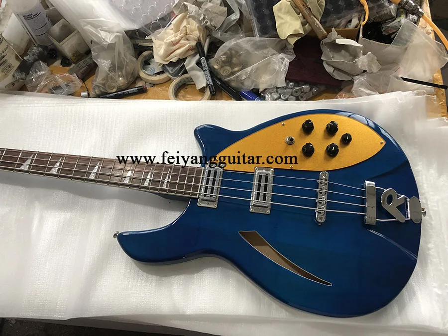 Semi Hollow Electric Bass Guitar, Triangle MOP Inlay Checkerboard Binding, 4 Strings, 4005 blue color，free shipping