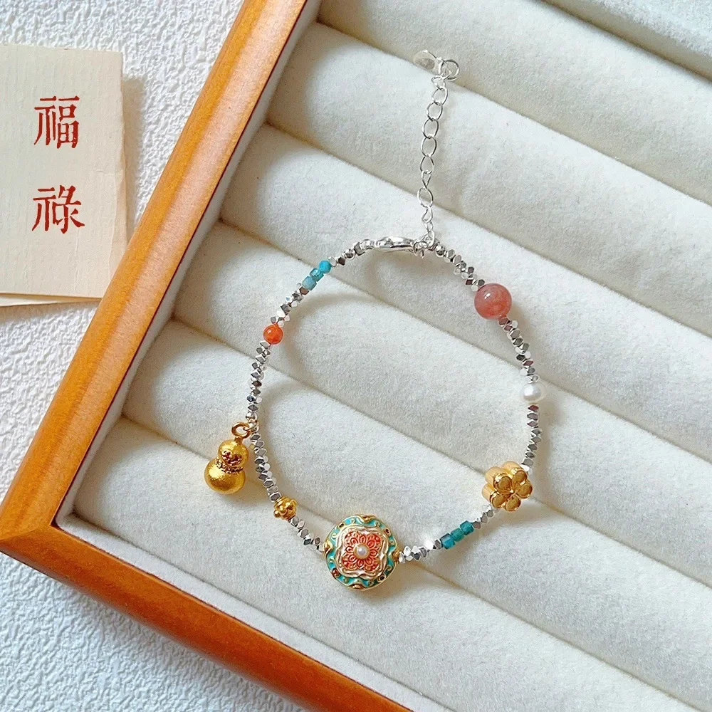 

Браслет из серебра с эмалью, новинка 2026 года, роскошное ювелирное изделие, нишевый браслет, новый китайский эмалевый браслет с изображением персикового цветка и тыквы, на удачу, на руку