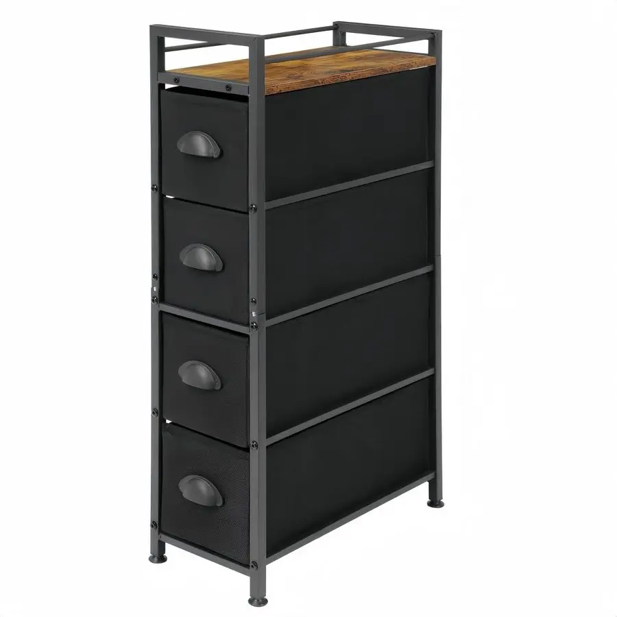 

Narrow Dresser Storage Tower with 4 Drawers, Slim Dresser Chest of Drawers, Vertical Small Fabric Dresser Standing, Wood Top Org