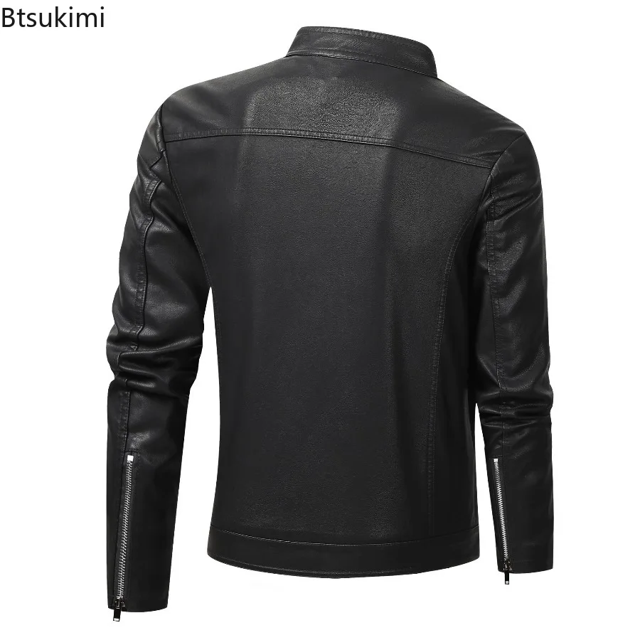 Autumn Winter New Men's Standing Collar Leather Jackets Fashion Slim Motorcycle Cycling Clothes Thicken Fleece PU Leather Coats