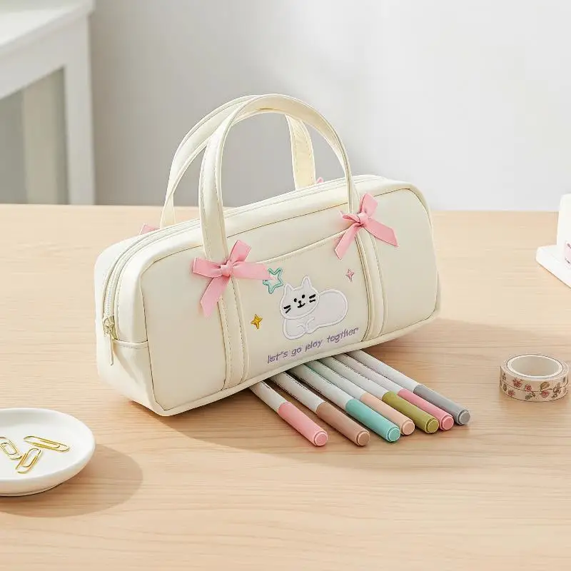 Cute Bow Kitten Pencil Bag Portable Embroidery High Value Small Fresh 1PC
