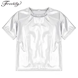 Kids Girls Boys Hip Hop Jazz Dance Performance Costume Short Sleeve Solid Metallic Shiny T-shirt Top School Party Show Dancewear